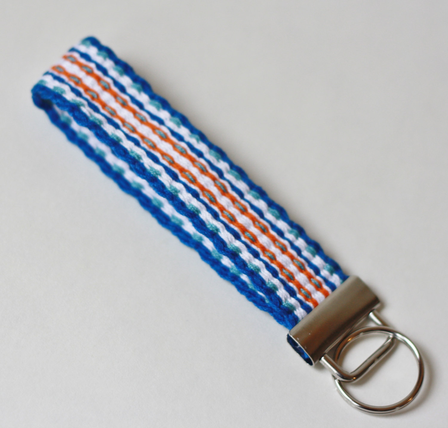 Blue and Orange Handwoven Inkle Key Fob Wristlet - Keychain - Lanyard
