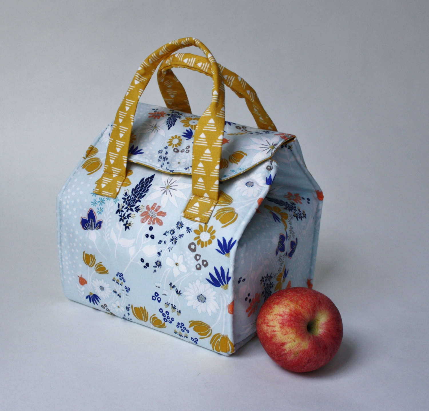Floral and Mustard  Lunch Bag - Insulated Lunch - Bento Box Carrier with Magnetic Snap - Ready to Ship