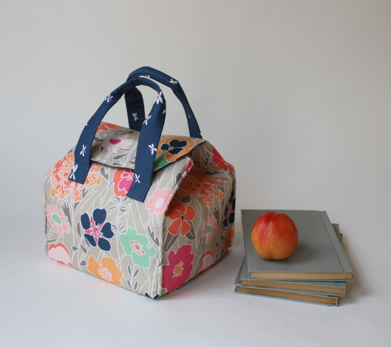 Insulated Lunch Bag in Floral and Firefies - Insulated Lunch Tote - Bento Box Carrier - Ready to Ship