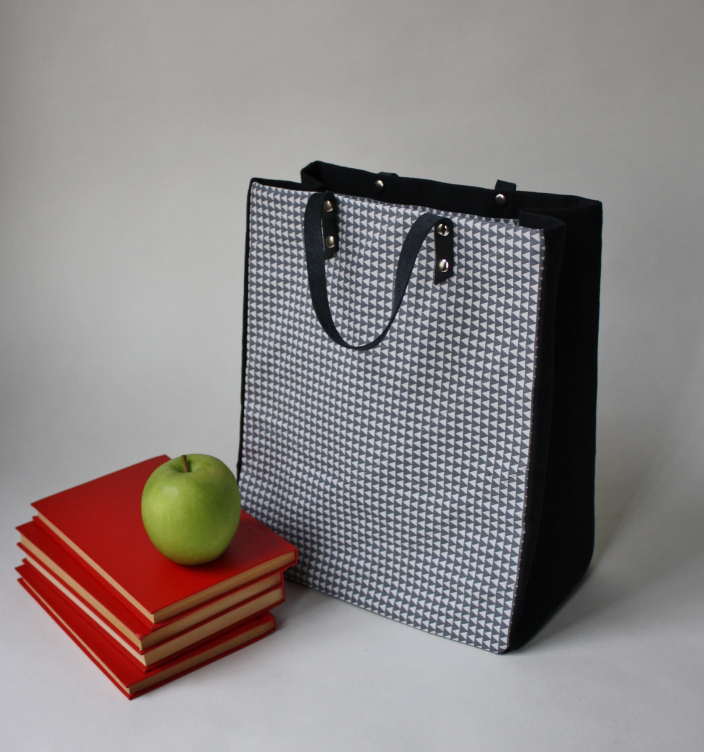 Canvas Tote Bag, Market Bag with Gray Triangles Contrast Fabric